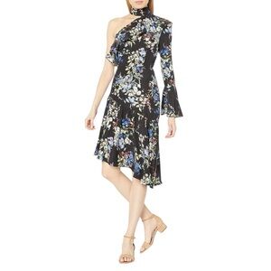 Parker Rine Silk Ruffle One-Shoulder black Floral Midi Dress – Size 2